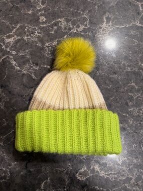 Colorblock Beanie With Faux Fur Pom Pom